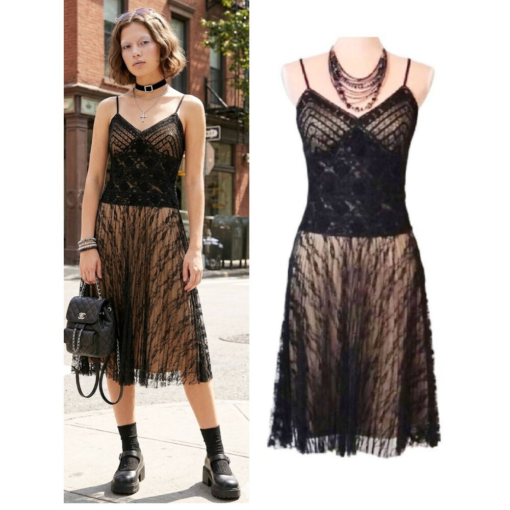 Sue Wong Y2K Black Gold Crochet Lace Tank Midi Slip Dress SZ‎ 8 VTG Coquette